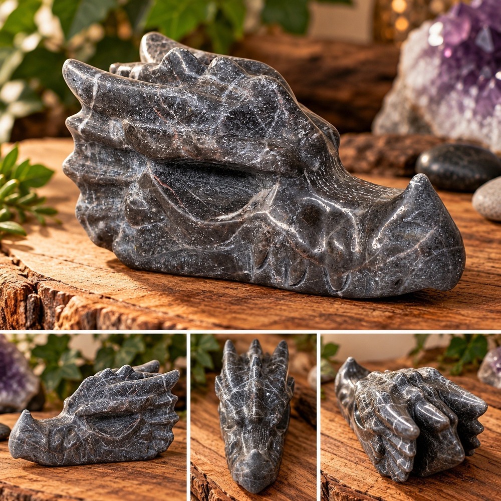 Yooperlite Dragon Head Figurine Black Grey Hand Carved Stone Sculpture Midieval